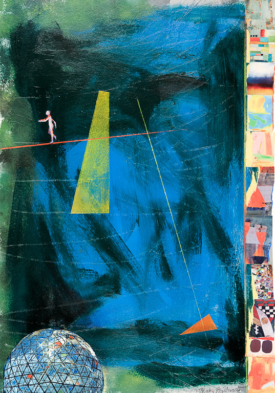Man On A Wire<br />28x35inches<br />Acrylic and collage on paper